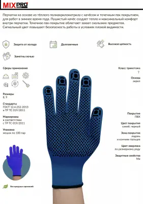 Перчатки утепленные акриловые с покрытием ПВХ-точка синие 7 класс